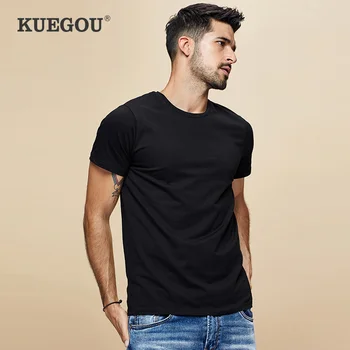 KUEGOU Bomuld kortærmet T-shirt kort ærme mode ren farve forlængelse t-shirts sommeren Off white t-shirt mænd top plus size ST-701