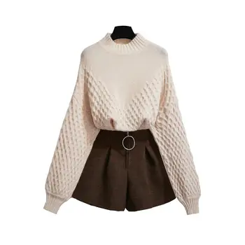 Strikket Pullover Sweater Shorts Kvinder Fritid Koreansk Mode Passer Til Nye Vinter Mode Løs To Pc ' Er, Tøj Sæt Strik Tøj