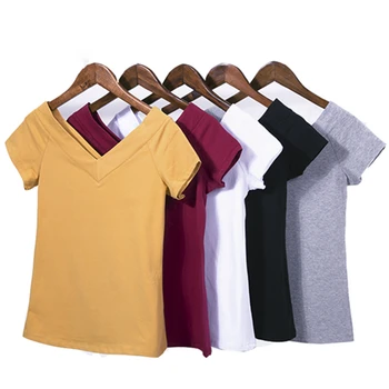 2019 Sommer T-shirt til Kvinder i Høj Kvalitet med V-Hals 5 Candy Farve Bomuld Grundlæggende Plain Simple T-Shirt Til damer Korte Ærmer Overdele