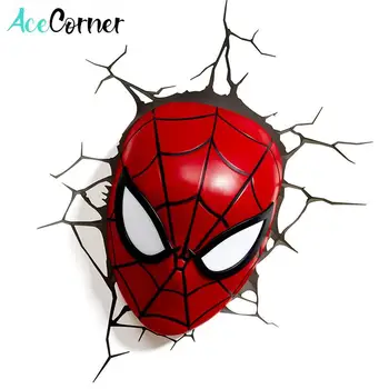 Acecorner Spider Mand Ansigt Superhelt 3D LED-væglampe Kreative Marvel Avengers Nat Lys til Jul Drenge Barn Gaver
