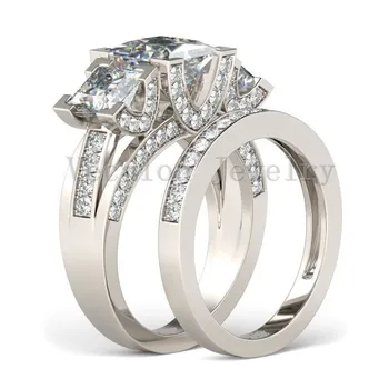 Vecalon Smykker Engagement ring Prinsesse cut Tre-sten AAAAA Zircon Cz 925 Sterling Sølv bryllup Band ring for kvinder