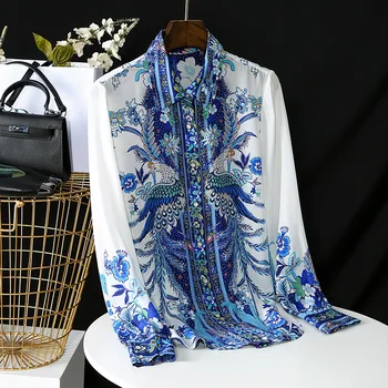 2021 Foråret Kvinders Lange Ærmer Turn Down Krave Kinesisk Stil Retro Print Chiffon Shirts Kvindelige Skjorte Bluse Toppe A3580