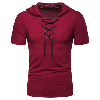 Sommer nyt mænds mode trend kort-langærmet t-shirt hætteklædte Europæiske kode løs tether solid farve sport casual mænds T-shirt