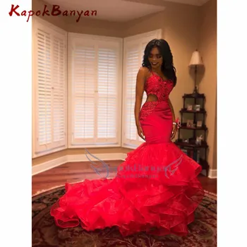 African Red Prom Kjoler Sexet Cutaway Sider Pynt Perler Differentieret Havfrue Kjole Til Aften I Sleeveless Black Girls Party Kjoler