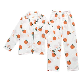 Japansk forår og efterår nye damer pyjamas, der passer bomuld søde orange langærmet bukser hjem passer til kvinder pyjamas sæt
