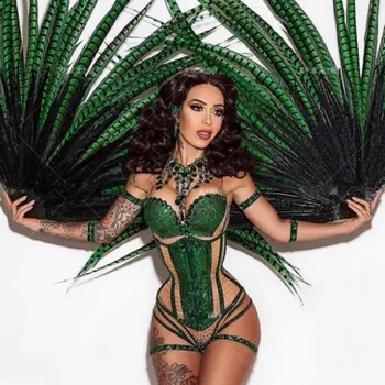 Sexy green hot drilling Full diamond feather fan corset bar ds nightclub female gogo costume