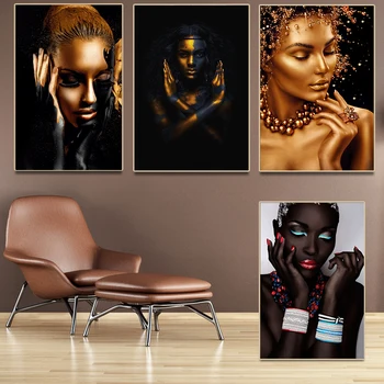 DDHH Væg Kunst, Lærred Maleri Sort Guld Nøgen Afrikansk Kvinde Plakater Udskriver Skandinaviske Billede For at Stue Indretning