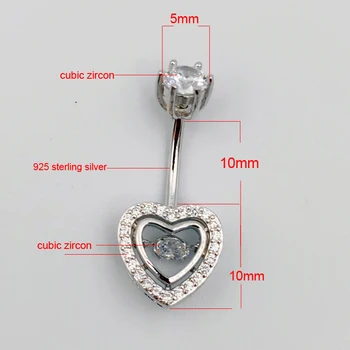 925 sterling sølv hjerte cubic zircon navle ring mode Sommeren organ smykker til kvinder
