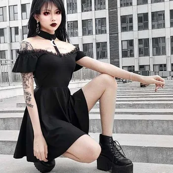 JIEZHOUFANG Kvinder Gotisk Stil, Punk Retro Off Skulder Strappy Sexet Evening Party Dress kortærmet Lace Kvinder Elegante Damer