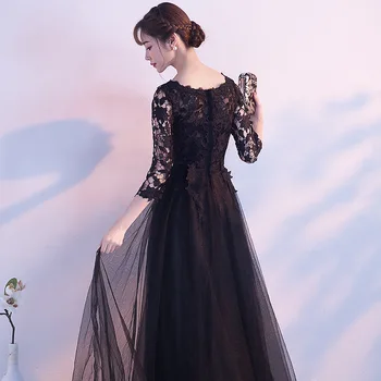 Nye 2020 Lange Formelle Aften Kjoler Black Vestidos Blonder Plus Size O-Hals Elegante Mode Kvinder Festkjoler