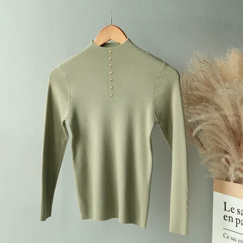 Lizkova Strikket Slank Pullover Kvinder Rullekrave-Knappen Sweater 2020 Damer Nitte Blød Afslappet Toppe