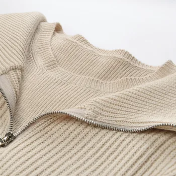 DEAT Efteråret 2020 Top Women ' s Design Forstand Lynlås Stor Revers Taljeret langærmet Sweater Nye Single Bære Solid Kontor Dame