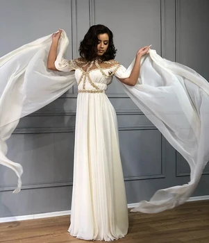 Hvid og Guld Aften Kjoler Høj Hals Beaded A-Linje arabisk Dubai Lang Cape Chiffon Mellemøsten Kvinder Prom Kjoler Party 2020