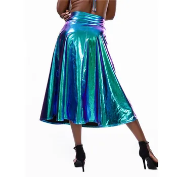 Bling Wet Look Hologram Laser Nederdele Med Lomme Høj Talje A-linje Sexede Kvinder, Slanke Midi-Nederdel Plus Size Rave Festival Mode
