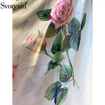 Svoryxiu Forår Sommer Bane, Vintage Rose Flower Print Part Hvide Kjoler Kvinder Elegant Bue Krave med Blonder Foret Midi-Kjole