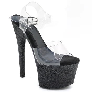 Leecabe 17cm/7Inch Sort glitter Hæle sandaler sko med høj hæl platform pole dance sko