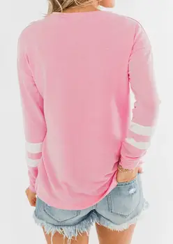 Stribet Splejsning langærmet T-Shirt Pink Toppe Tee Kvinder O Hals, Løs t-Shirts Kvinder Tøj Foråret Efteråret T-shirt Kvindelige Top
