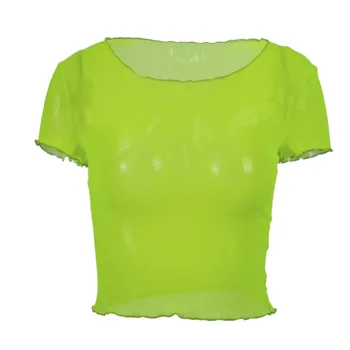 Sexet grønne Kvinder T-Shirt Se Gennem den Gennemsigtige Mesh Toppe med Lange Ærmer Ren og skær Slanke Damer O-neck T-Shirt Nye Ankomst Kvinder tshirt