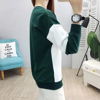Løs Bomuld langærmet t-shirts Kvindelige Afslappet O-hals Splejse T-shirt Kvinder Toppe 2019 Efteråret koreansk Mode T-Shirt Femme Ny