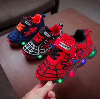 Disney Fashion Drenge Sko Spiderman Barn Lysende Sneakers Mærke Mesh sko Kids LED Blinkende Sko Baby Afslappet Sko