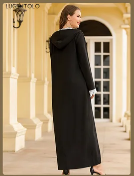 Lugentolo Kvinder Vintage Kjole, Blonder Hætteklædte Beaded Rhinestone Marokkanske Mode Muslimske Dame Elegant Sort Lige Maxi Kjoler