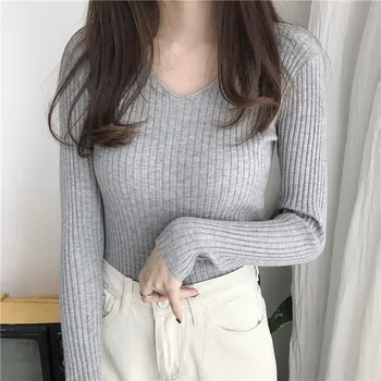 Trøjer Til Kvinder Strikket Pullover Fall Vinter Tøj Sweater bunden shirt med Lange Ærmer V-Hals Top Black