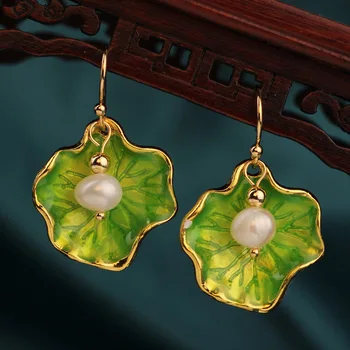 Nye koreanske Mode stil Vintage lys grøn Lotus blad Drop ferskvandsperle øreringe i Fødselsdags gave Etniske Smykker til kvinder