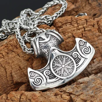 Mænds rustfrit stål mamen viking vegvisir amulet økse halskæde