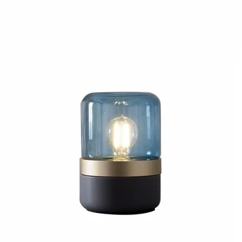 Moderne minimalistisk blå glas LED lighting bordlampe Nordiske soveværelse sengen dekoration amber sort jern maling cylinder bordlampe