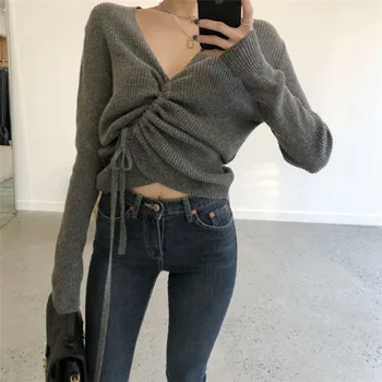 Fremmede Kitty Koreansk Stil, Mode Sexet Kvindelige Sweater 2020 Nye Ankomst V-Hals Solid Farve Lange Ærmer Sød Slanke Kvinder Trøjer