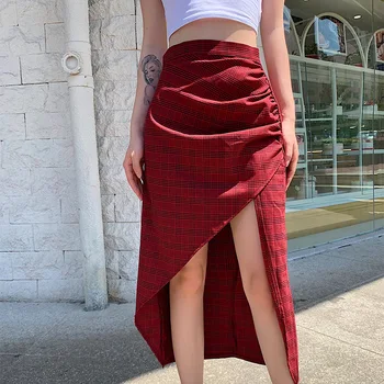 Kvinde nederdele sexet uregelmæssige plaid elegant nederdel imperium rød lang nederdel mujer faldas kpop plisseret nederdel vrouw rokken