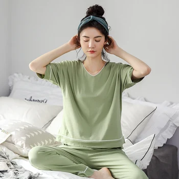 BZEL Grønne V-Hals Nattøj Solid Nattøj Til Kvinder af Høj Kvalitet Bomuld, Home Wear Mode Loungewear Korte Ærmer, Lange Bukser 2PC