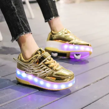 Nye Pink Guld USB-Opladning Mode Piger Drenge LED Lys Roller Skate Sko Til Børn Sneakers Med Hjul To hjul