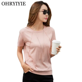 OHRYIYIE Stor Størrelse Løse Kvinder T-shirt 2020 Forår, Sommer Mode Korte Ærmer Plisserede T-Shirt Dame Pink O-neck t-Shirts Femme Toppe