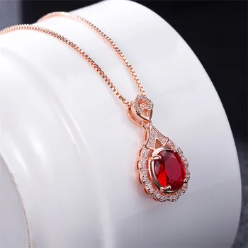 Bague Ringen Trendy Sølv 925 Smykker Luksus Halskæde til Kvinder, Kvindelige Vand Dråbe Formet Red Zircon Vedhæng Kravebenet Kæde Gave