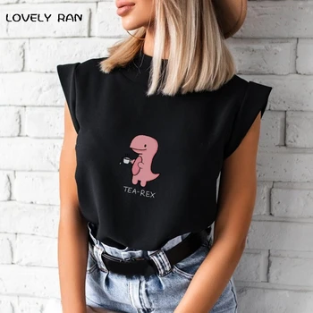 Søde Dinosaur Trykt Kvinder T-Shirt Patchwork Pink Ærmeløs Streetwear Stå Krave Afslappet Kontor Dame Sommer Cool T-Shirt