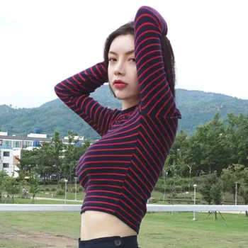 Kvinders Slanke Cropped Top Mode Harajuku Stribet T-shirt 2018 koreansk Stil langærmet T-Shirts