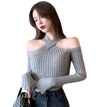 2020 foråret hængende hals tværgående design forstand off-the-skulder hule kort sweater kvindelige stram tyk sweater