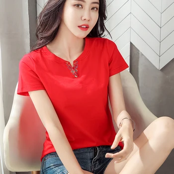 T-Shirt Femme Broderi Blomster V-Hals Kortærmet T-Shirt Kvinder 2020 Sommer Toppe Vogue Bomuld Koreansk Tøj, T-Shirt Kvindelige
