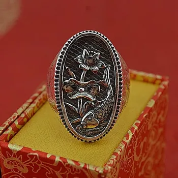 999 sterling sølv ring, genoprette gamle måder, mænd lotus har fisk fint sølv ring