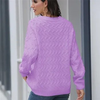 2021 Europæiske og Amerikanske kvinders bølge mønster solid farve rund hals pullover sweater 1518