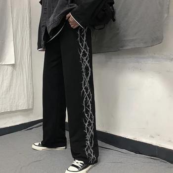 Harajuku Bukser Kvinder Mænd Tornede Torne Print Elastisk Talje Casual Løs Straight Bukser Unisex Hipster Streetwear 2019 Efteråret