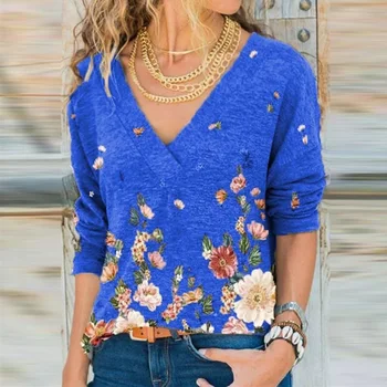 3XL Casual Foråret langærmet Bluse Shirt Kvinde Sexy V Hals Blomster Print Blusa 2021 Efteråret Løse Kvinder Top Streetwear Pullover