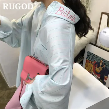 RUGOD 2020 Løs Brev Broderi Dame Toppe og Bluser Revers Lange Ærmer Casual Camisas Mujer Simpel Solid Brev Shirt