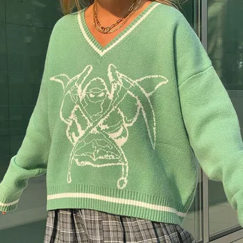 Efteråret V-hals Sweater Kvinder Vintage Jumper Blå Stribet Strikket Trøjer Til Kvinder Hvid Harajuku Sweater, Pullover Vinter Varm