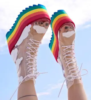 MStacchi Rainbow Platform Sko Kvinde PVC Transparent Blonde-Up Tyk Høje Hæle Ankel Støvler Damer Højde Stigende Party Sko