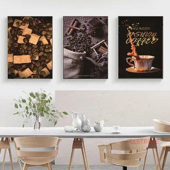 Nordisk Pop Art Plakat Sorte Guld-Kaffe Kop Kaffe Bønne Lærred Malerier Til Cofe Shop Udsmykning Væggen I Køkkenet Billeder Uden Ramme