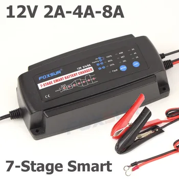 FOXSUR 12V, 2A 4A 8A 7-trins-smart Batteri Oplader, GEL VÅD AGM Batteri type & ladestrøm, der kan vælges, Bil batteri oplader