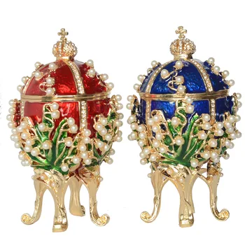 Liljekonval russiske æg luksus perle smykker boks påskeæg bejeweled nipsting box metal bordplade gaver