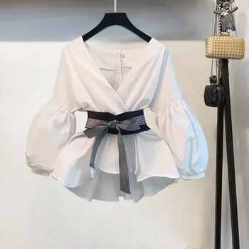 Lanterne Ærmet Bluse Shirt Kvinder 2020 Mode koreansk Stil Sommeren Bue V-hals Stribet t-Shirt, Elegante Damer Toppe Kvinde Tøj